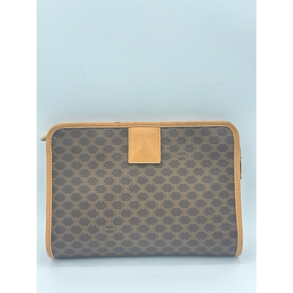 Vintage Celine Macadam Clutch Bag Brown Monogram Coated Canvas Tan Leather